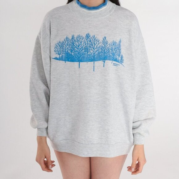 Womens Vintage 90s Morning Sun Forest Graphic Heather Grey Crewneck Size Medium - Picture 2 of 4